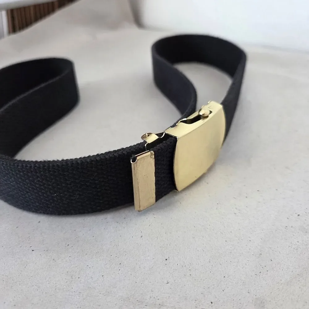 Navy Blue Ratchet Slide Belt Gold Hardware Fabric Adjustable Unisex Military